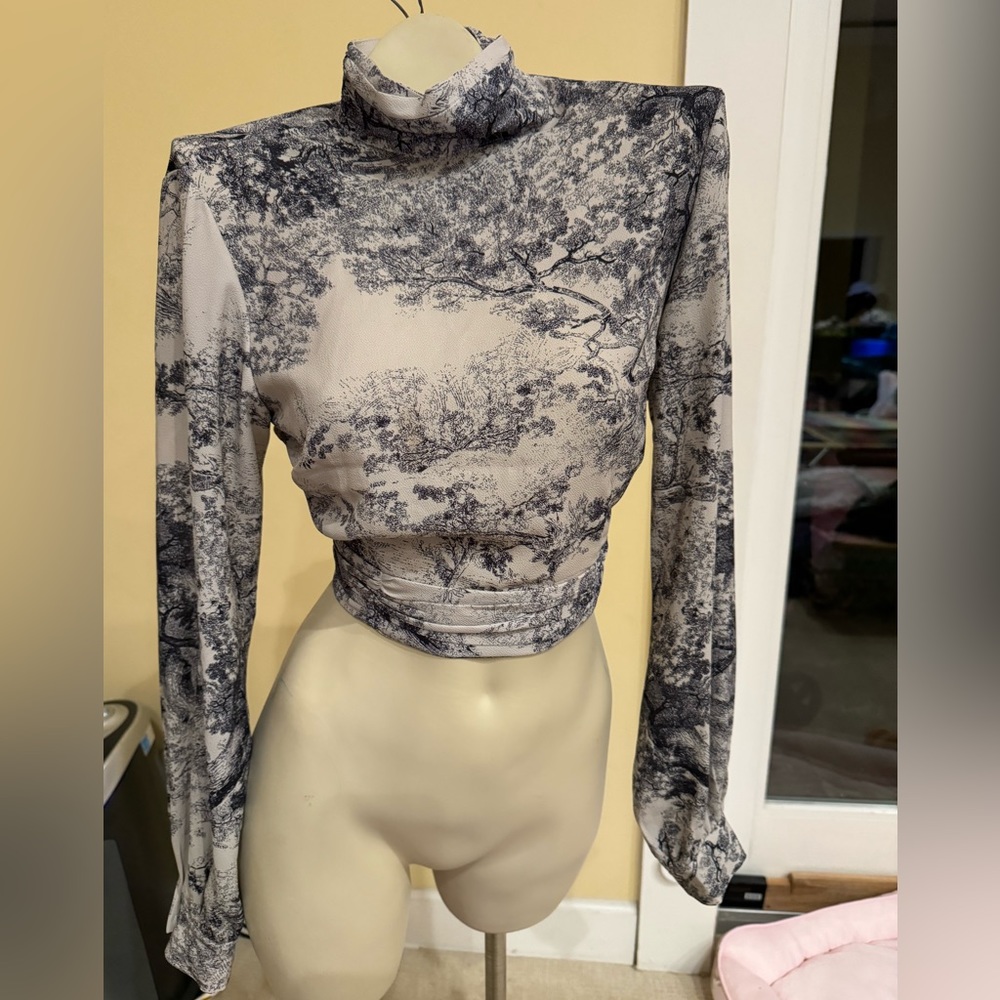 High neck open back crop top with pearl buttons